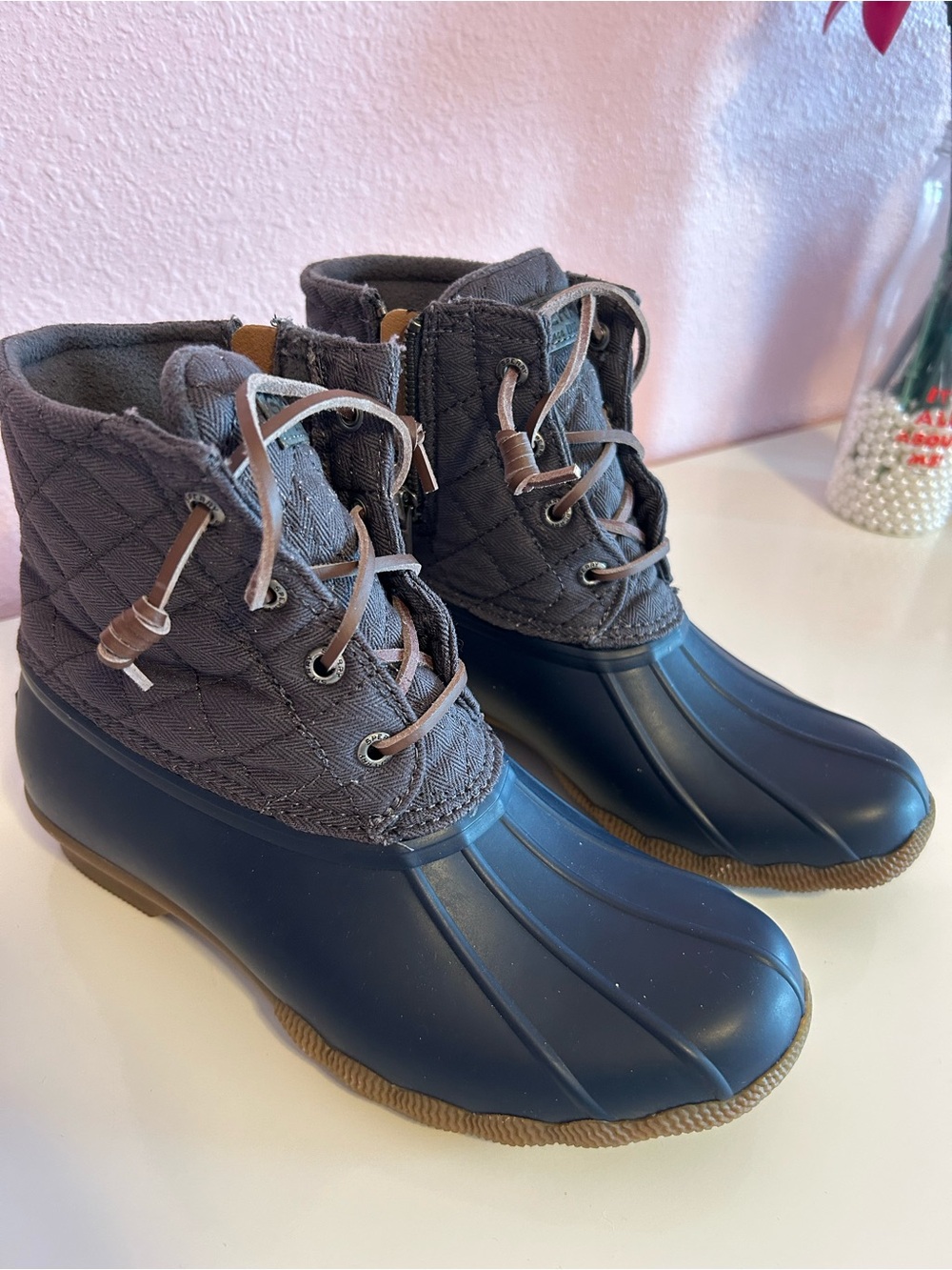 Sperry Quilted Duck Boots in Gray and Navy